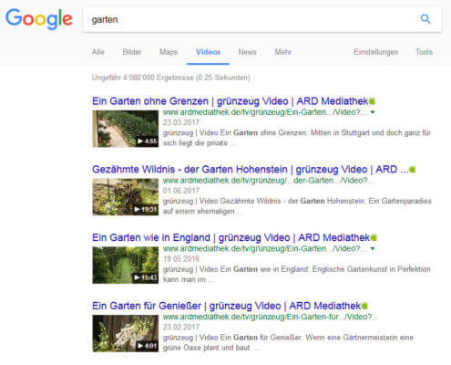 Beispiel Gartenvideos aus der Google Suche